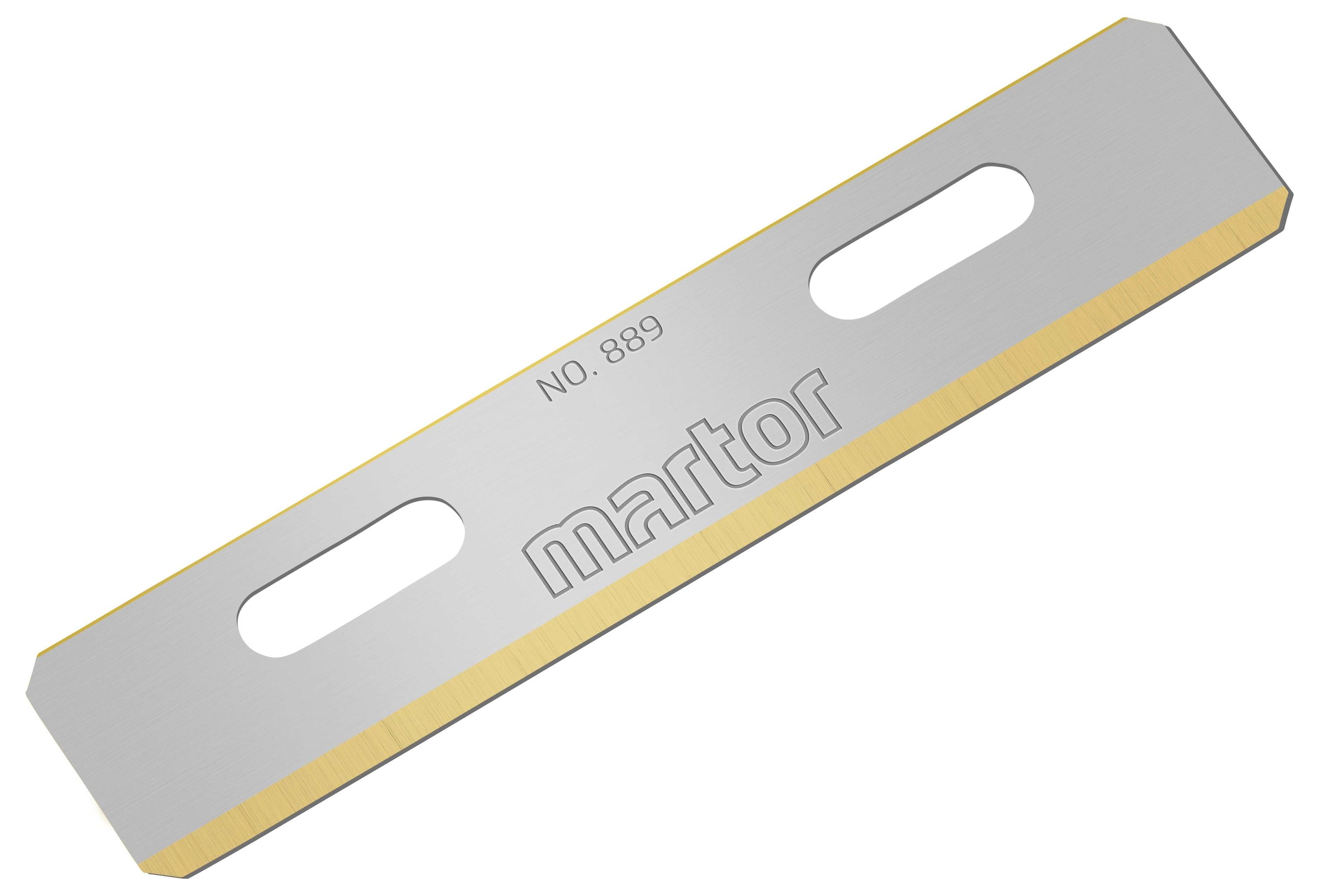 Blade with two rounded corners and two elongated holes; inscription 'martor' and 'No. 889'.