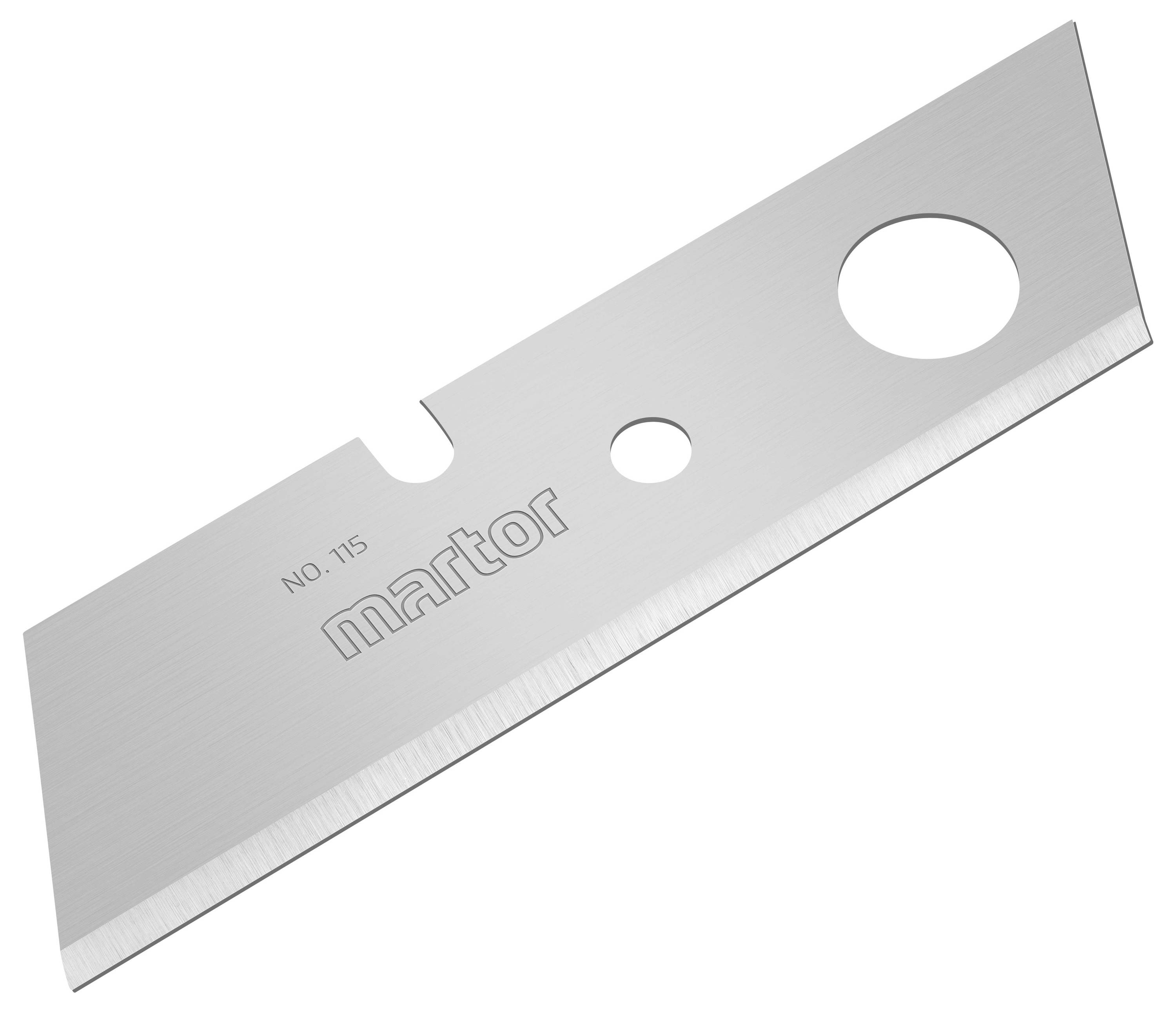 A silver spare blade knife with two holes and the inscription 'martor No. 115'.