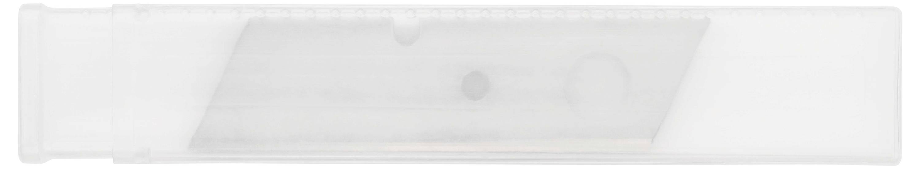 A transparent plastic container with a grey blade inside, presumably a replacement blade set for a cutting tool.