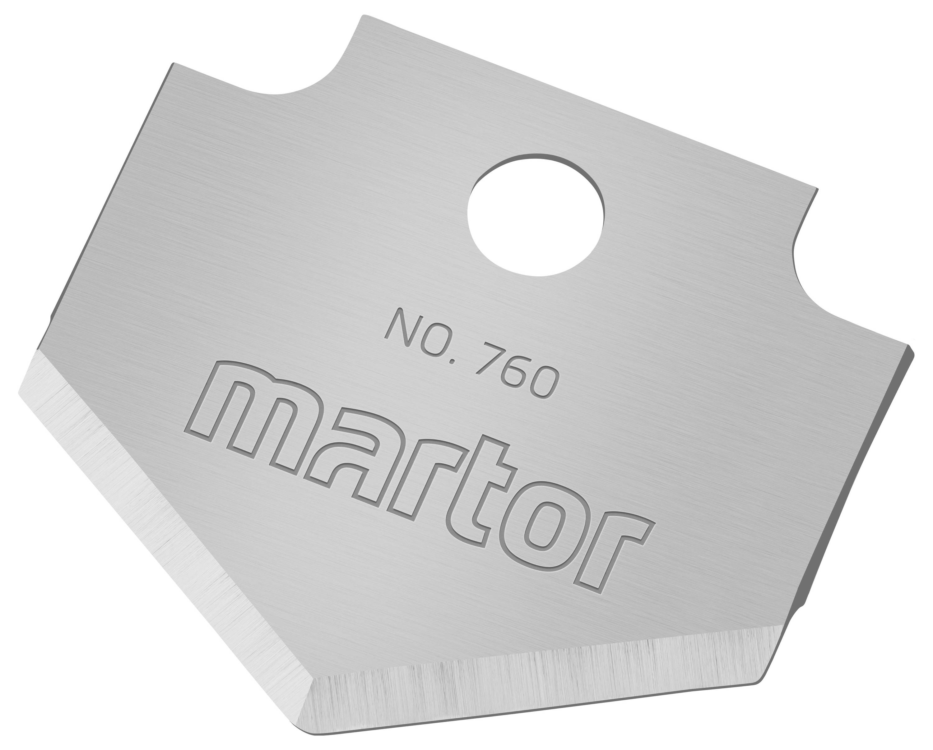 Cutting blade with 'martor NO. 760' inscription, rectangular shape, metal, with a hole in the centre.