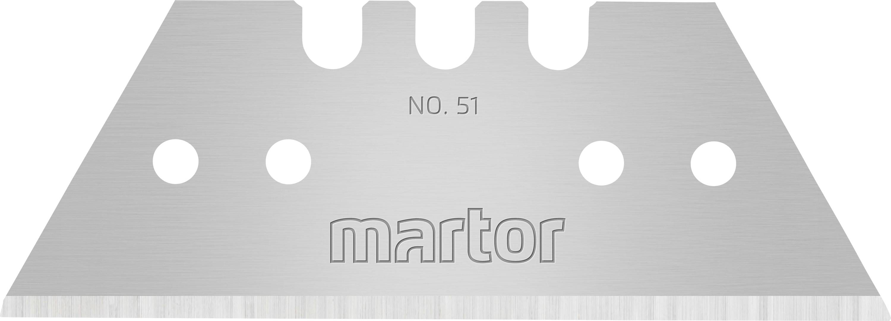 A metal blade holder with four holes, engraved with "NO. 51" and "martor", presumably for a utility knife or industrial knife.