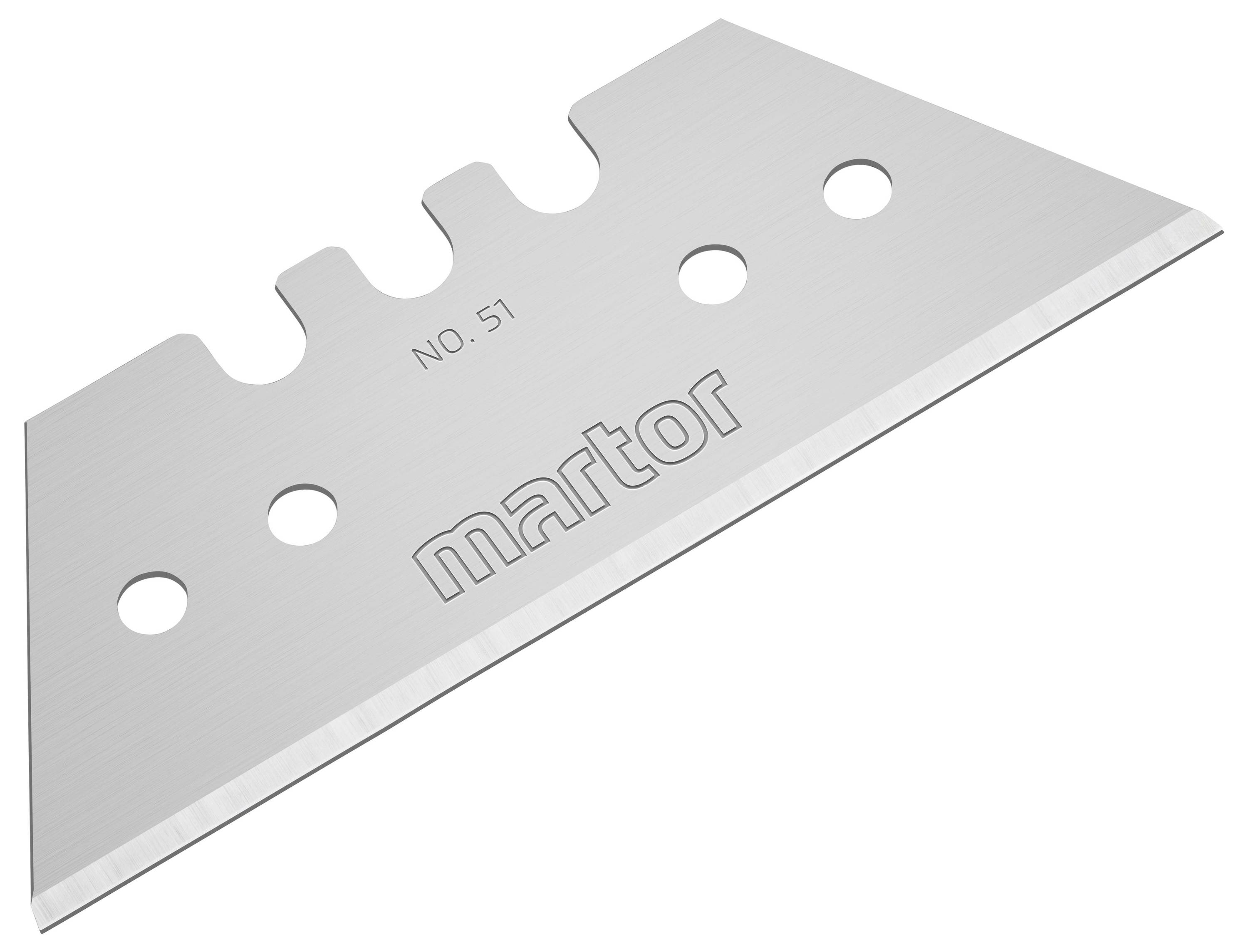Silver razor blade with the inscription 'martor No. 51', featuring three round holes and two serrated notches at the top edge.