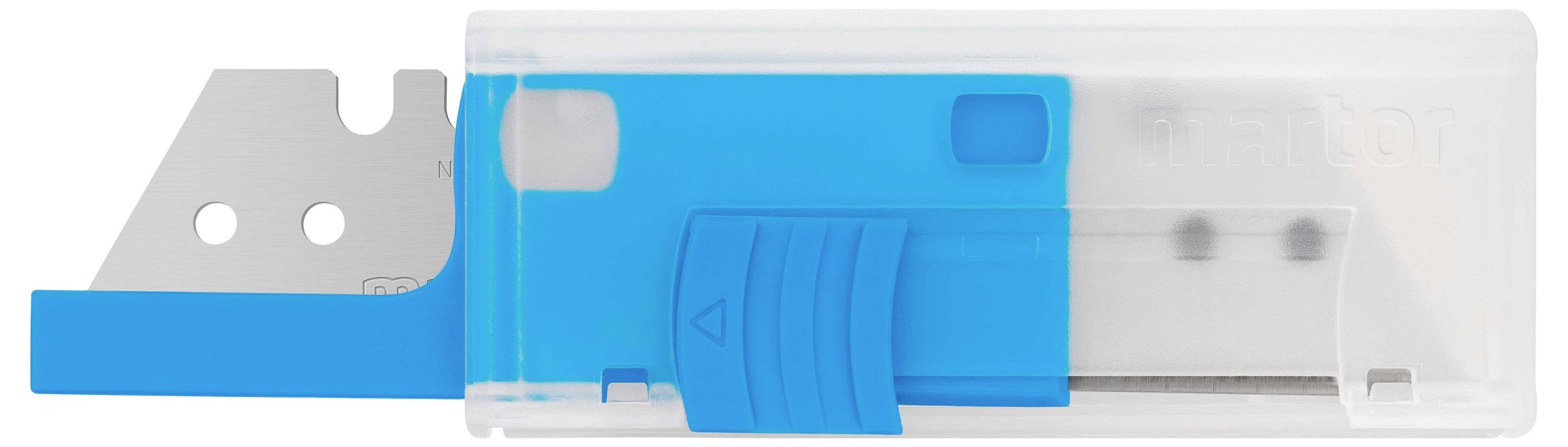 A transparent blade holder with a blue, sliding safety guard, containing a sharp cutting edge.