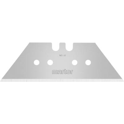 Blade with three round holes and the inscription 'martor NO. 61'. Silver metal, predominantly rectangular in shape.