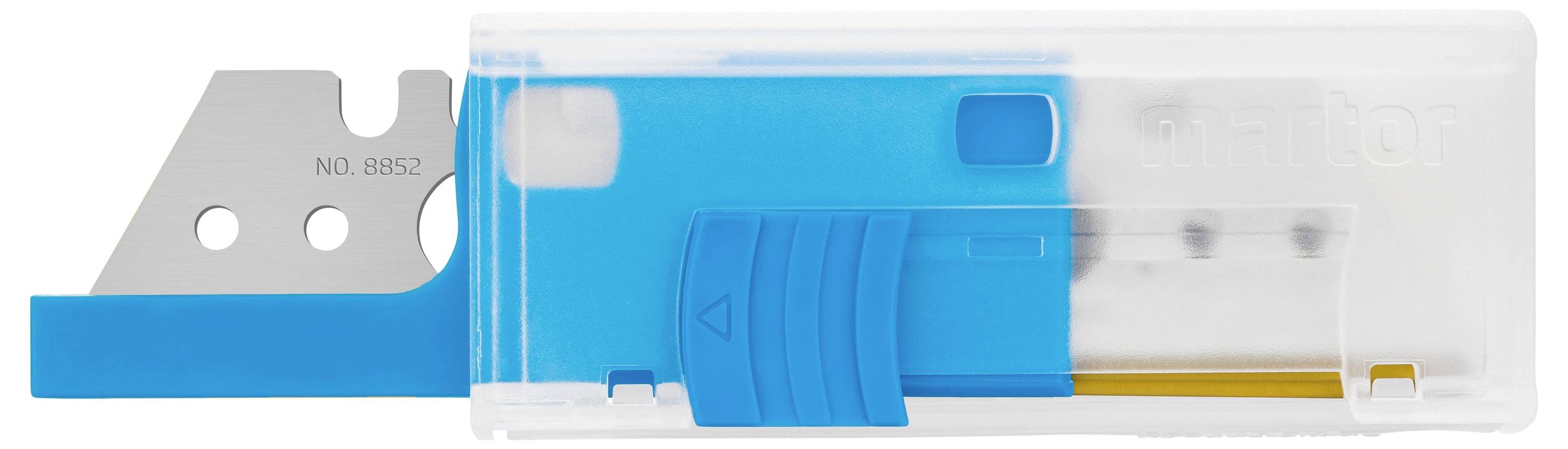 A blade holder with a blue cover and visible blade, partially inserted into a transparent plastic casing.