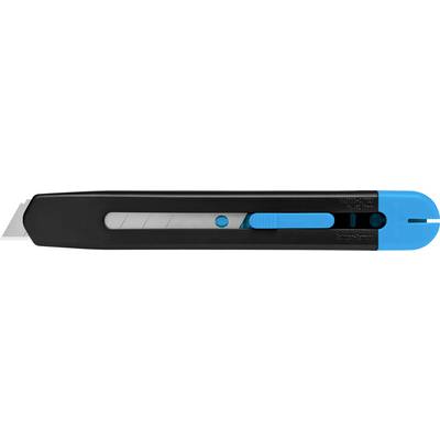 Utility knife with a black handle and blue slider for blade adjustment, partially extended blade on the left side.