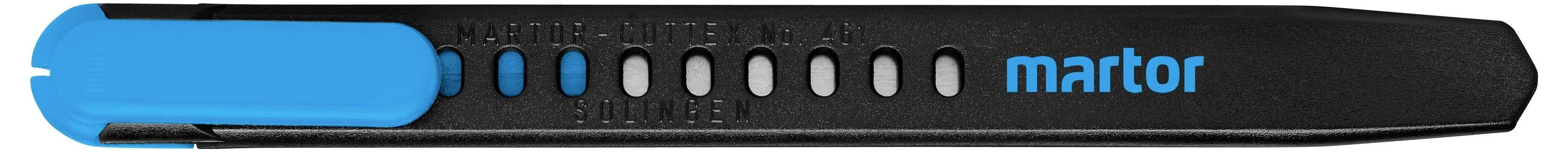 Black safety knife with blue tip. 'Martor' brand name in blue on the side. Ideal for safely cutting materials.