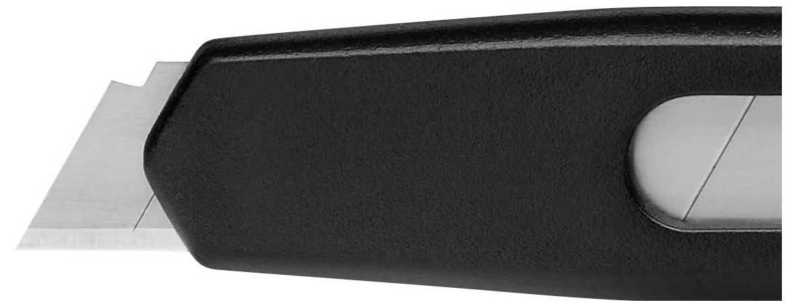 Black utility knife with partially extended blade, side view.