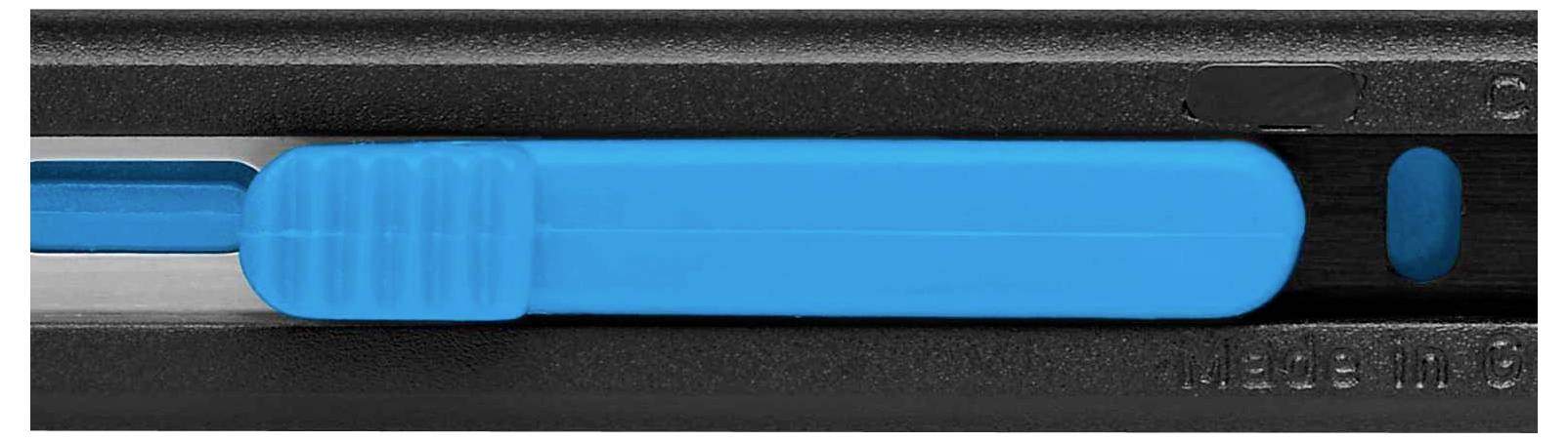 Close-up of a black craft knife with a blue blade.