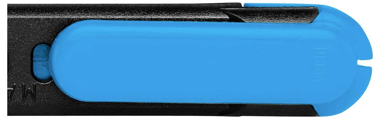 Black ballpoint pen with a blue clip, positioned horizontally.