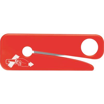 Red letter opener with a circular cut-out in the top right corner and a blade in the centre. Pictogram shows an arrow and a hand with a letter.