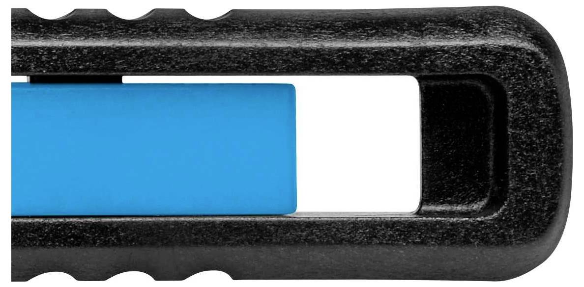 A black, rectangular plastic casing with a blue, rectangular button in the centre.