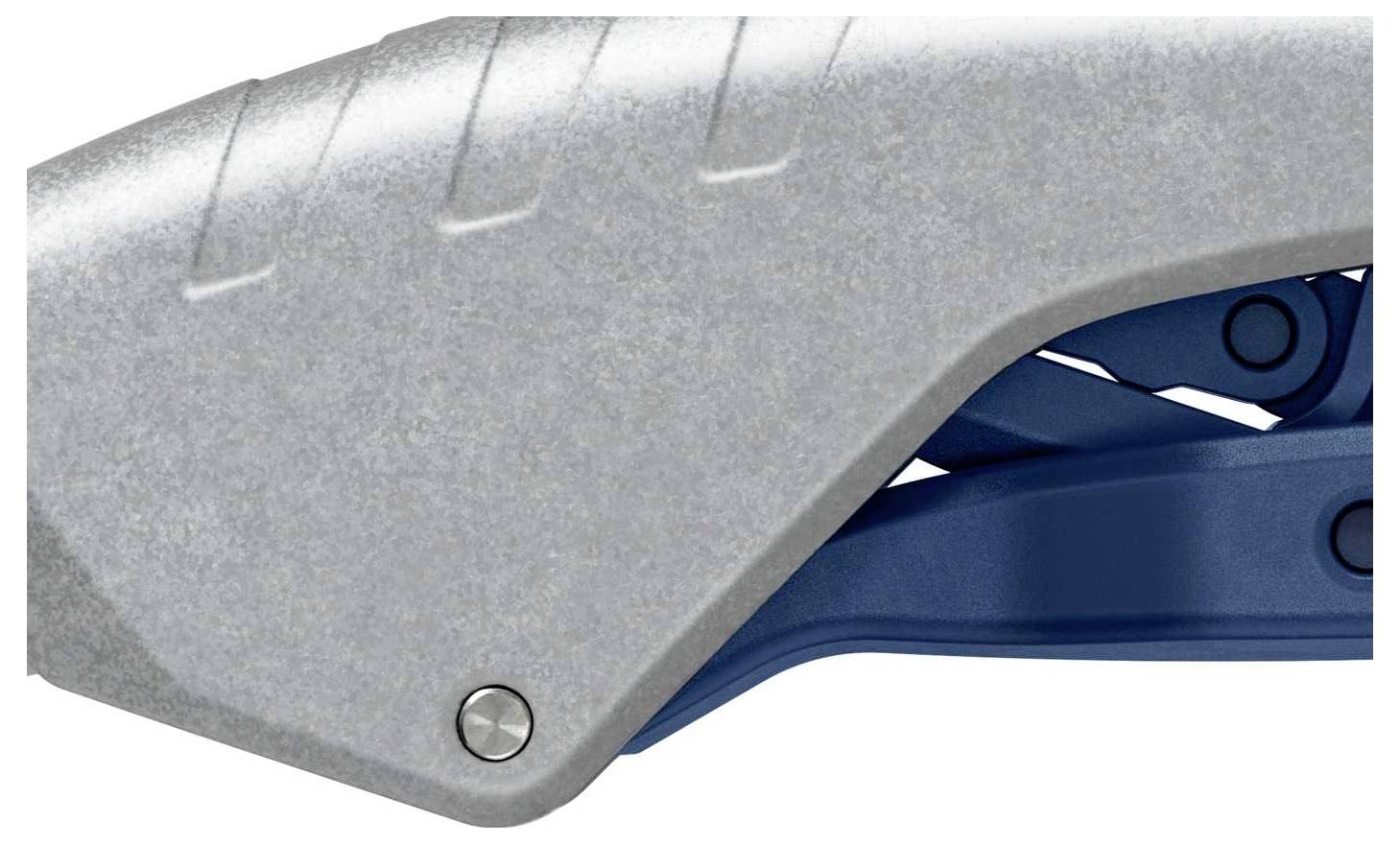 Close-up of a metallic lever with a blue element inside, possibly part of a tool or machine.