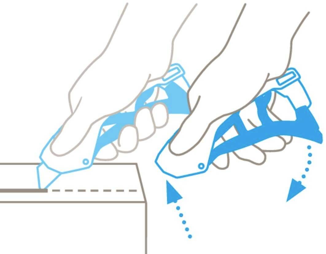 Drawing of two hands using a specialised tool for cutting and bending cardboard.