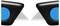 Two black utility knives with retractable blades and blue handles, positioned symmetrically opposite each other.