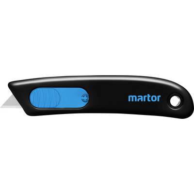 A black safety knife with a blue sliding mechanism and blade, brand name 'martor' on the side.