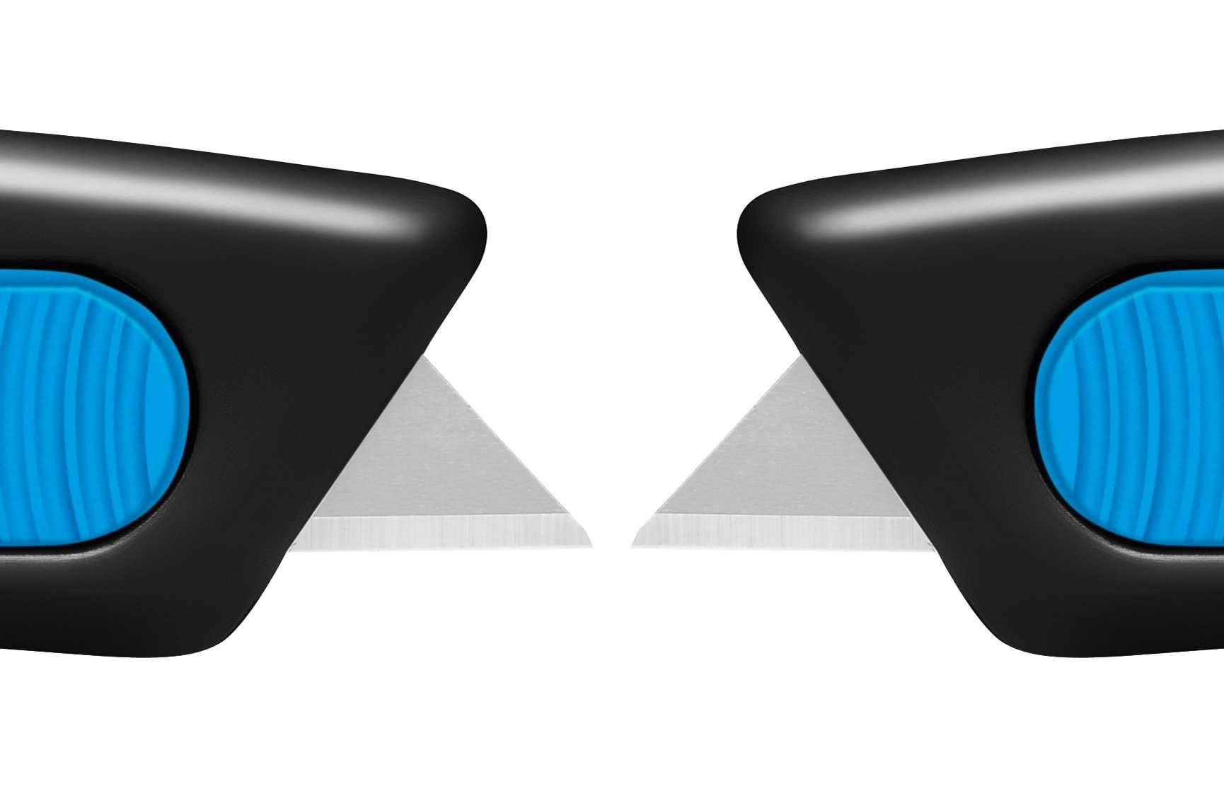 Two black and blue craft knives with extended blades, positioned facing each other.