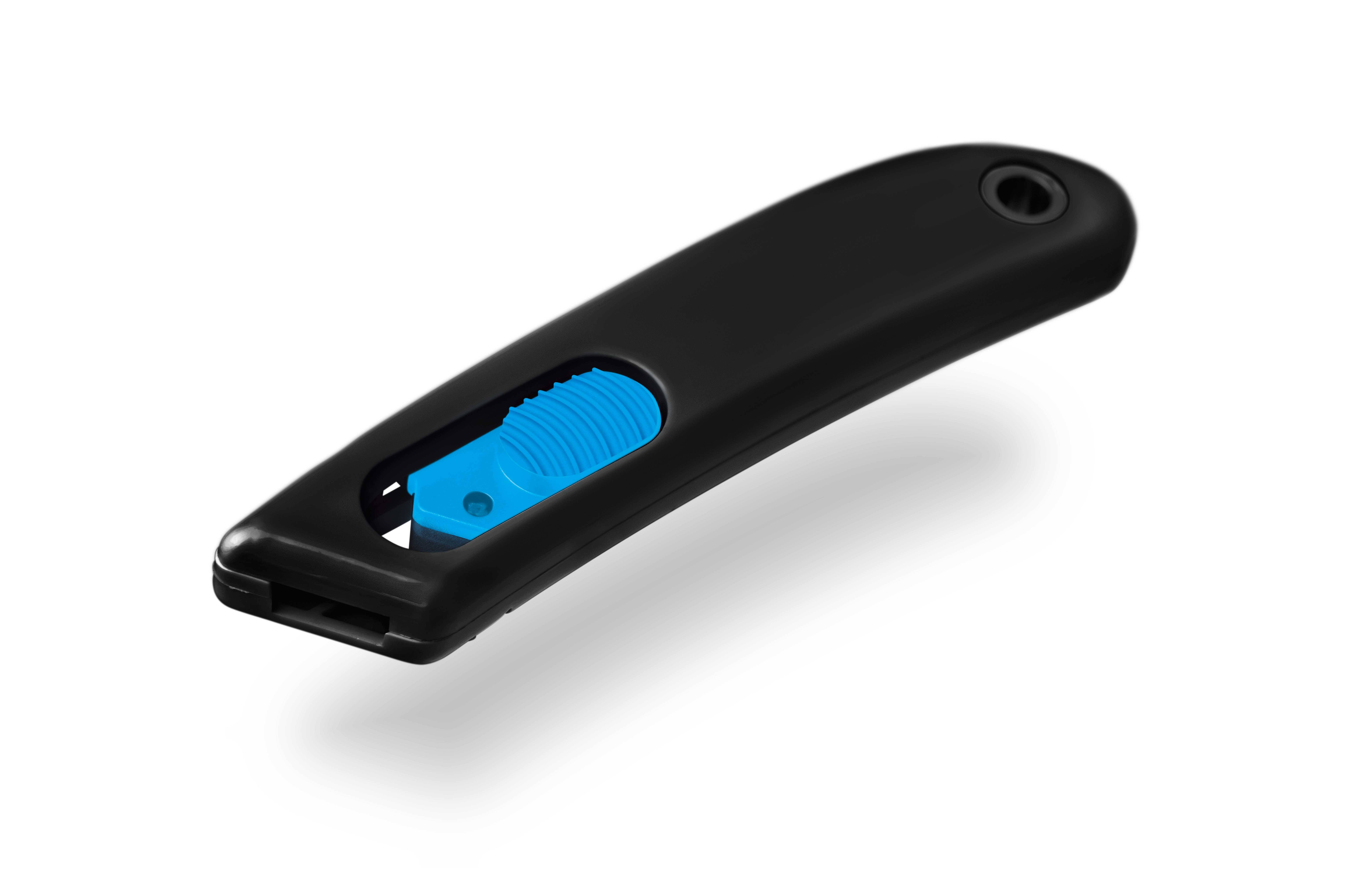 A black handle with a blue, ridged surface in the middle.