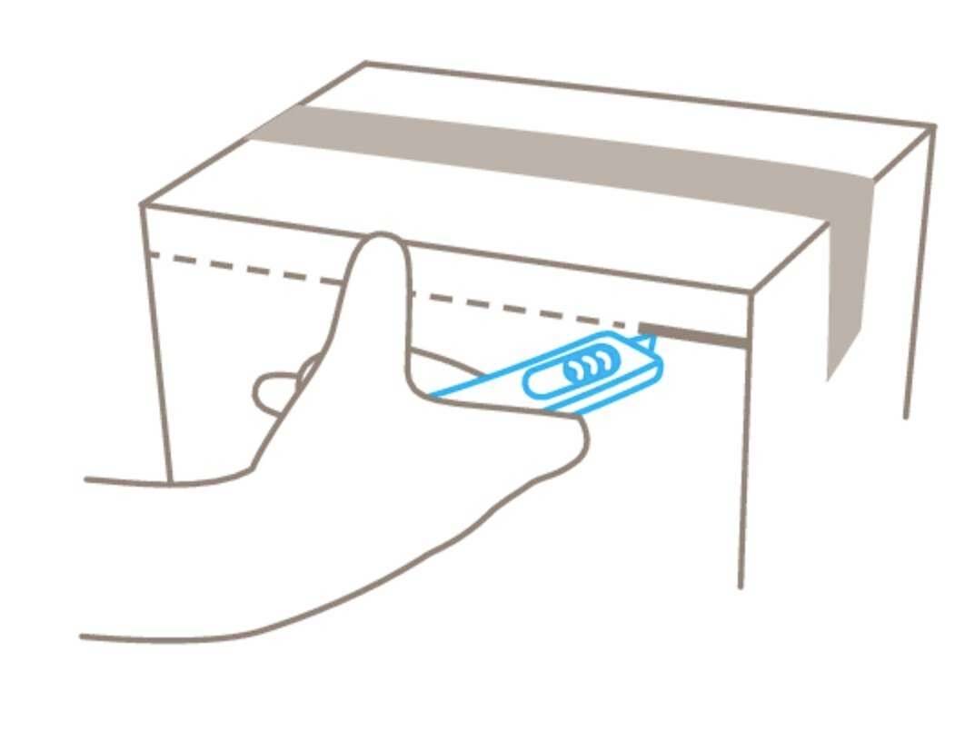 A drawn image shows a hand using a blue cutting tool to open a sealed box.