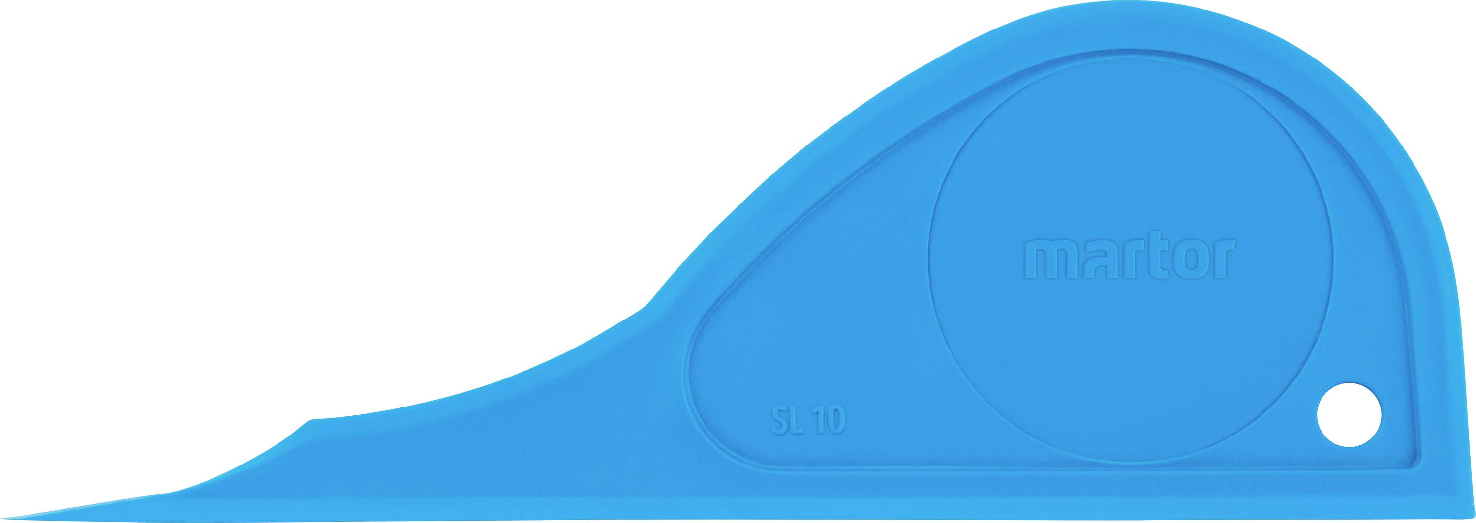 A blue plastic safety box cutter with a curved design, suitable for safely cutting packaging.
