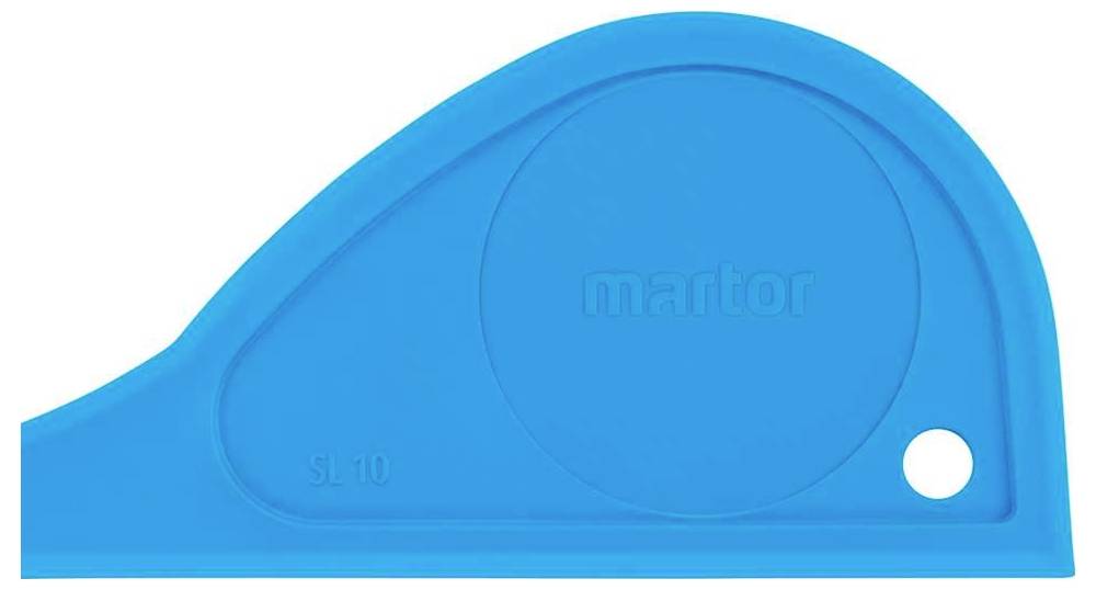 Blue plastic object with a circular pattern and a small opening on the right, possibly a safety tool or template.