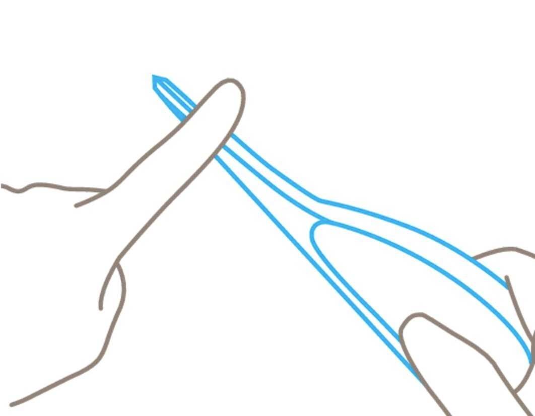 A hand holds tweezers to remove a splinter from the finger of another hand.