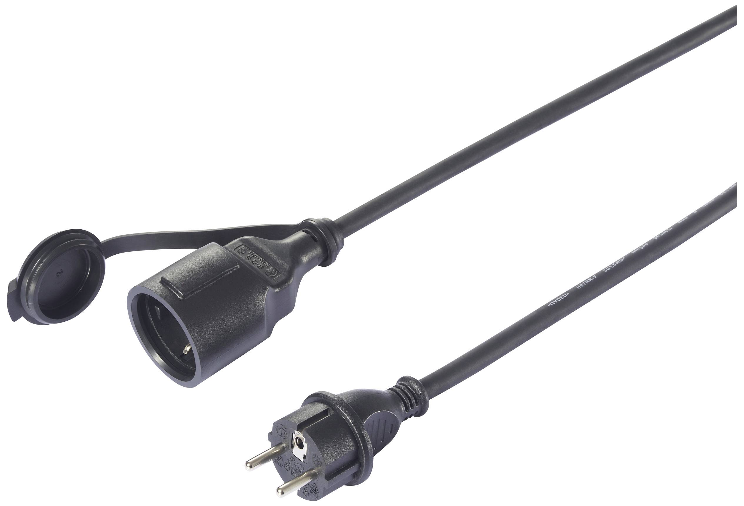 Black extension lead with Schuko plug on the left and socket on the right, suitable for indoor and outdoor use.