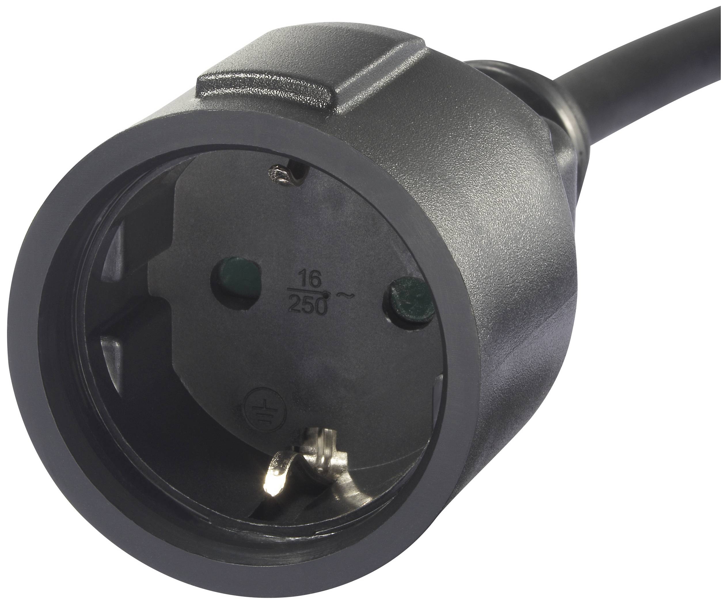 'Close-up of a black plug with two round holes and an earth pin, suitable for 16A, 250V, in a black plastic housing.'