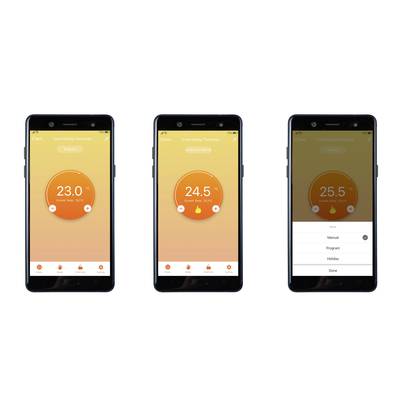 Three smartphone screens of a heating app. Left shows 23.0°C, centre 24.5°C, right 25.5°C with open menu for heating modes.