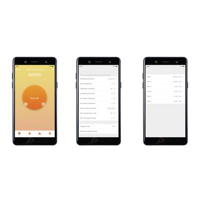 Three smartphone screens: On the left, a 'Power Off' button, in the centre sensor and status options, on the right sections with temperature display.