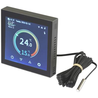 A square digital thermometer displays 24°C indoors and 15°C outdoors. Connecting cable is included.