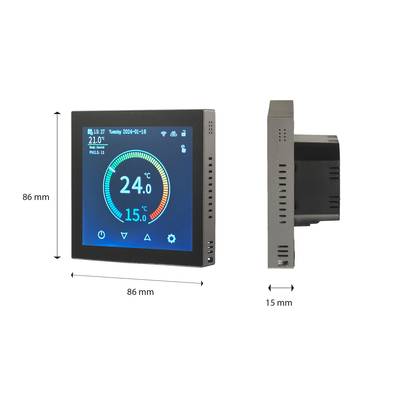 Digital thermostat with touchscreen displaying current temperature of 24°C. Dimensions: 86 mm x 86 mm x 15 mm.