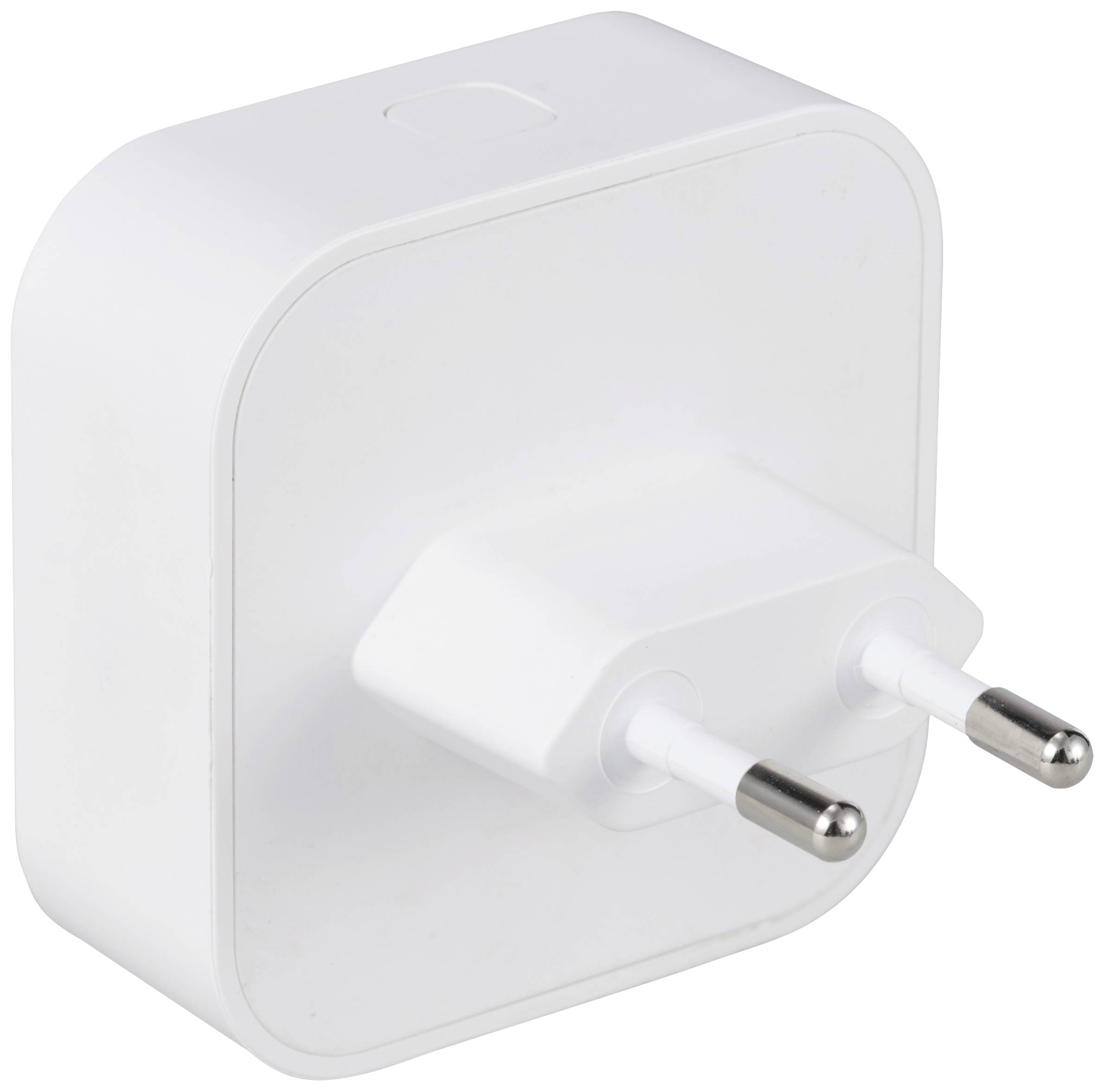 A white USB charger with two European standard plugs, square design, compact.