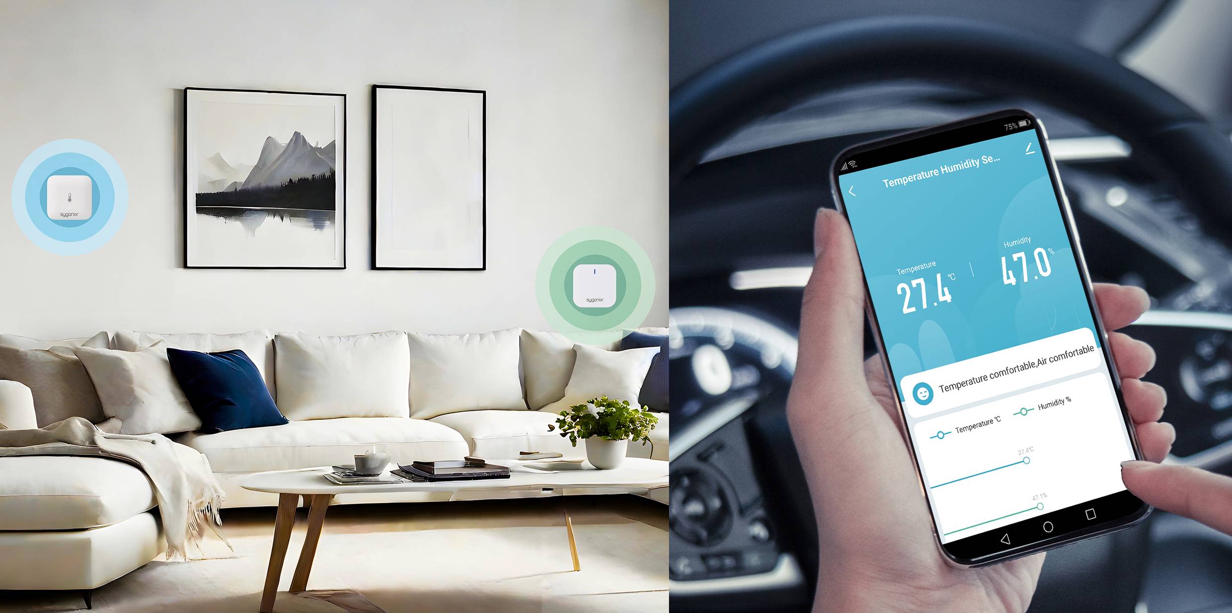 A living room with a sofa and two wall paintings. A smart temperature device is mounted, connected to an app on a mobile phone.