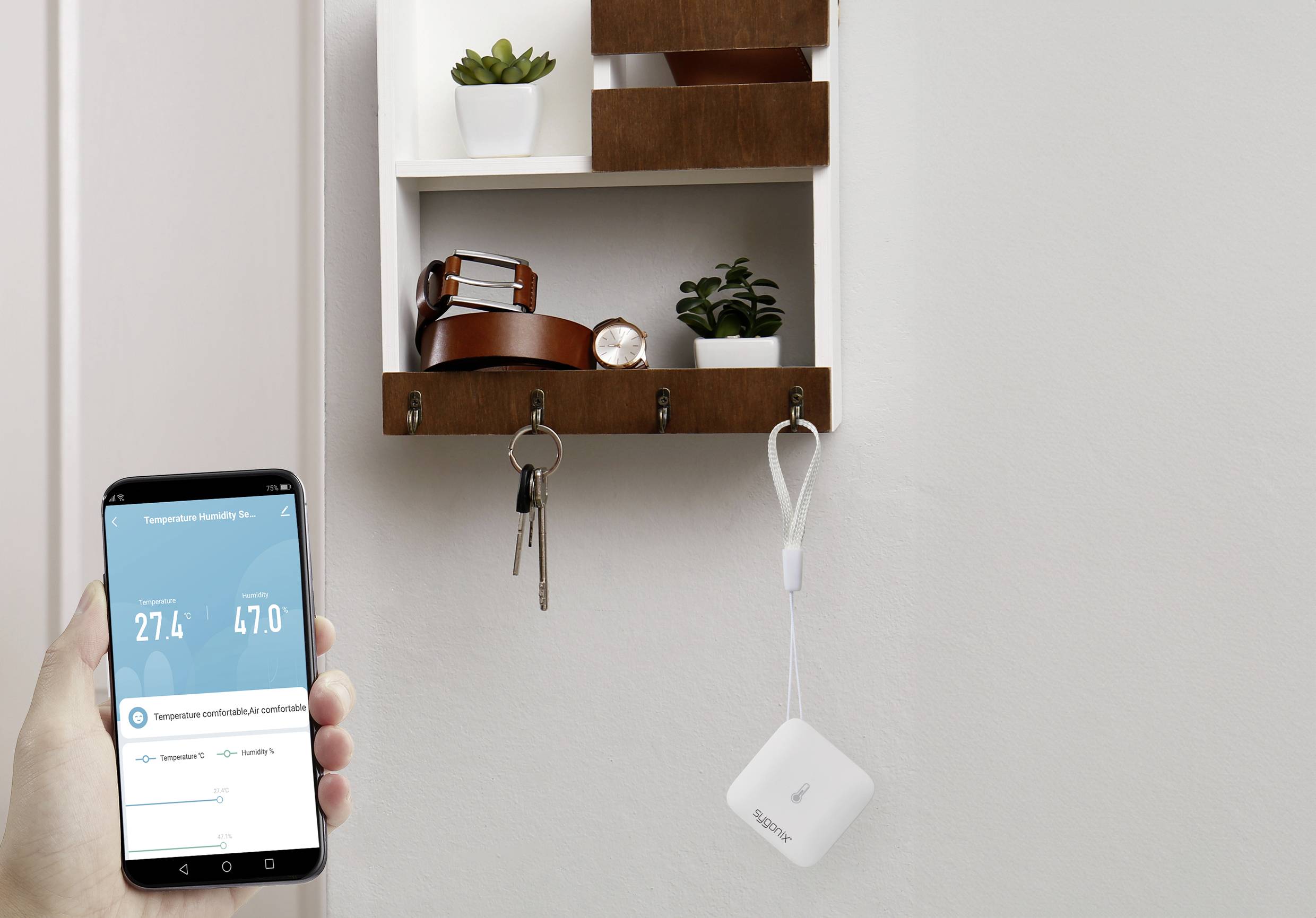 A person is holding a smartphone with an app for temperature and humidity monitoring. Keys on hooks and a shelf compartment are visible in the background.