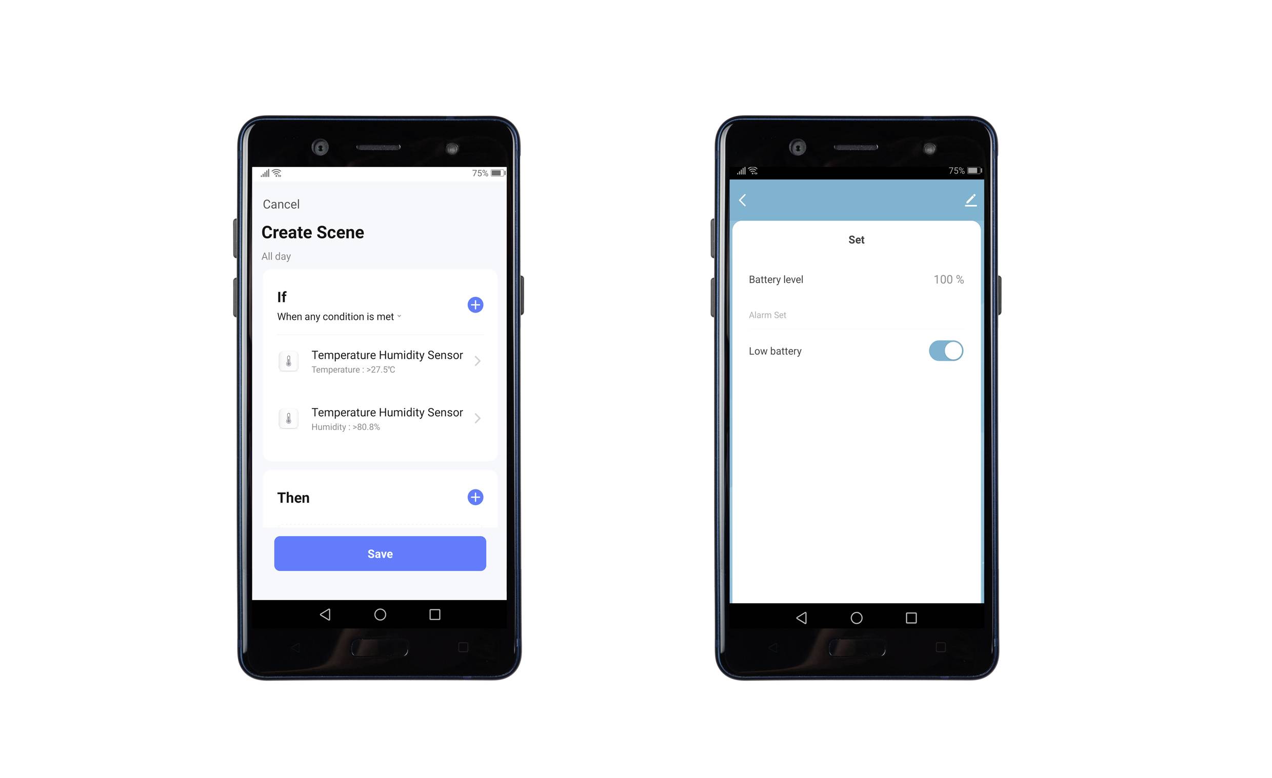 Two mobile phone screens show settings for a scene. Left: Temperature and humidity sensor. Right: Enable battery warning.