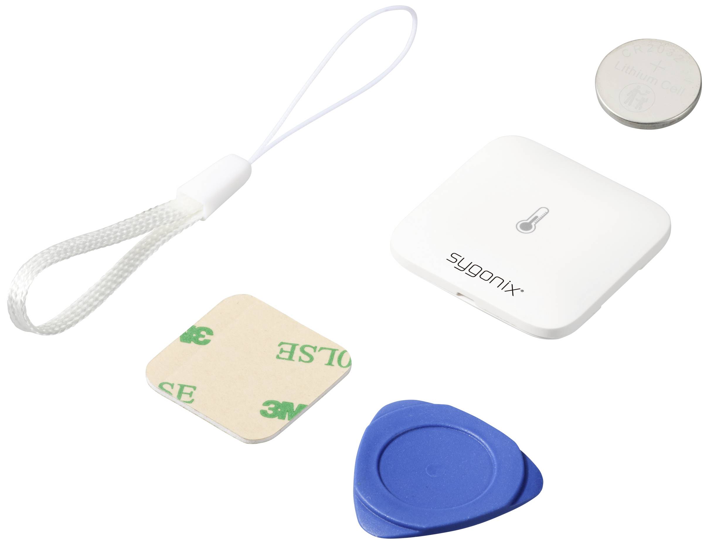 A temperature tracker with loop, spare battery, adhesive pad, and opening tool. Ideal for monitoring environmental conditions.