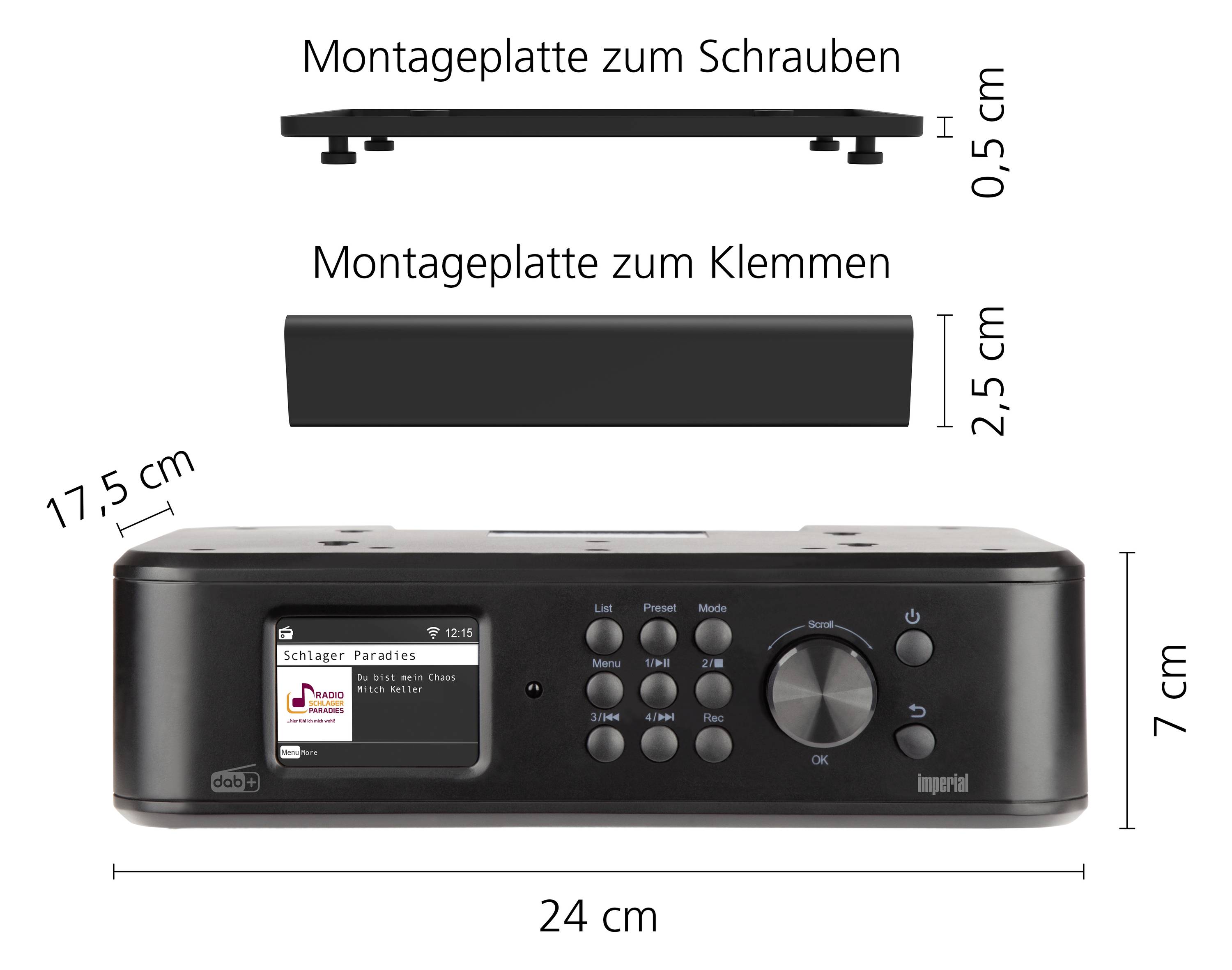 Radio with screen and rotary knobs, dimensions 24 cm x 7 cm x 17.5 cm. Two mounting options: Screws (0.5 cm), Clamps (2.5 cm).