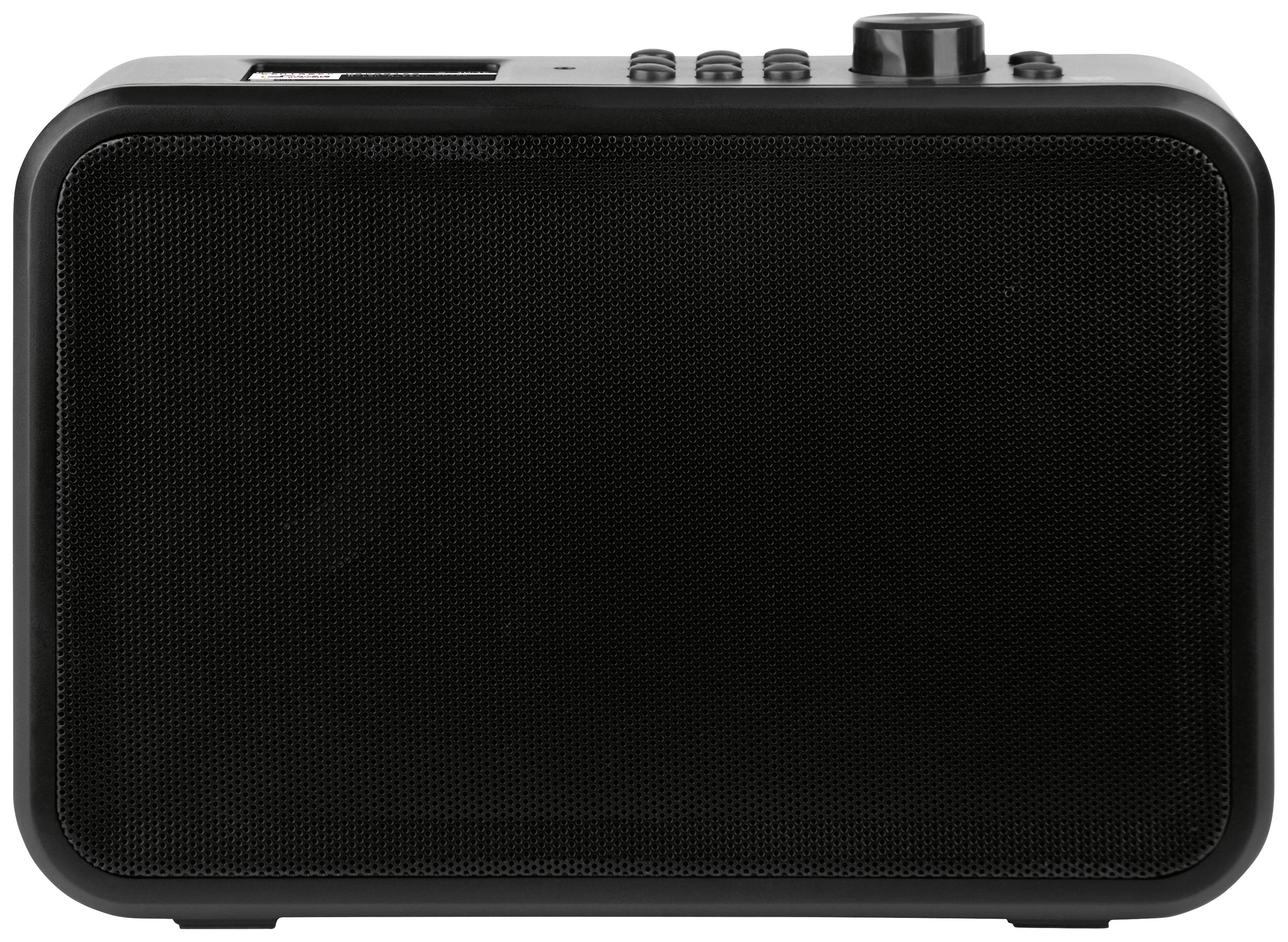 A black, rectangular portable radio with control buttons and a speaker on the front.
