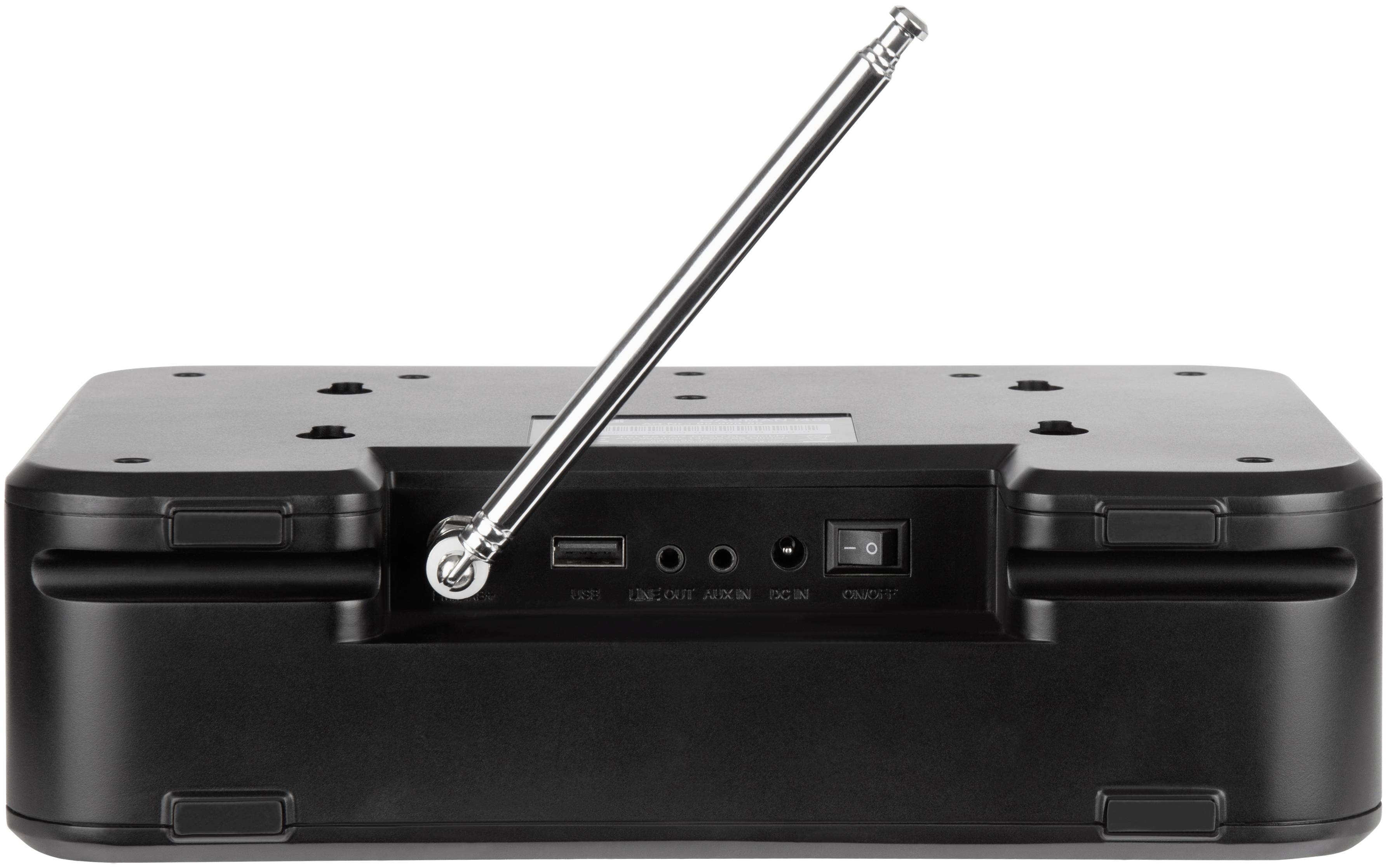 The image shows the back of a black electronic device with an extended antenna and multiple ports.