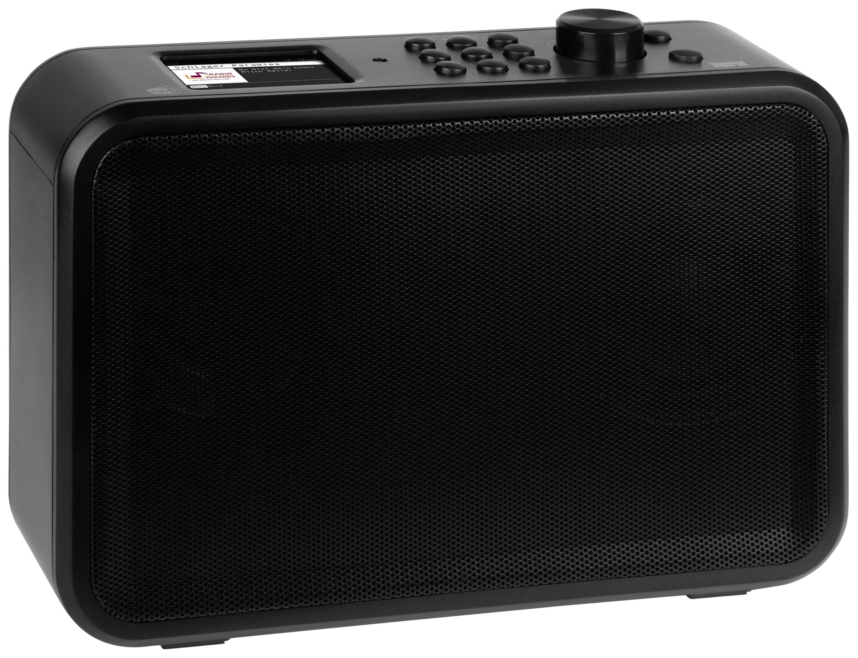 Black portable radio with buttons and speaker on the front, suitable for music and radio playback.