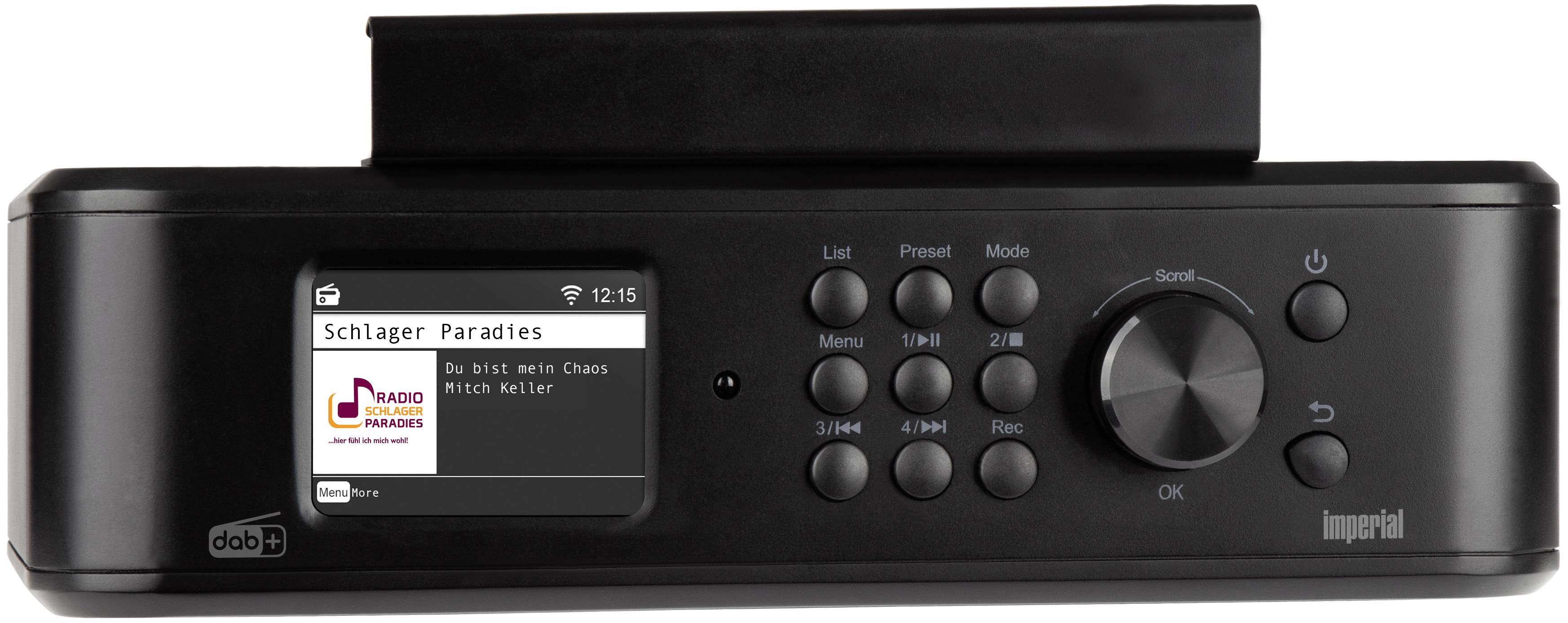 Black radio with display, showing 'Schlager Paradies, Du bist mein Chaos, Antonia Kubasch'. Control buttons on the right.