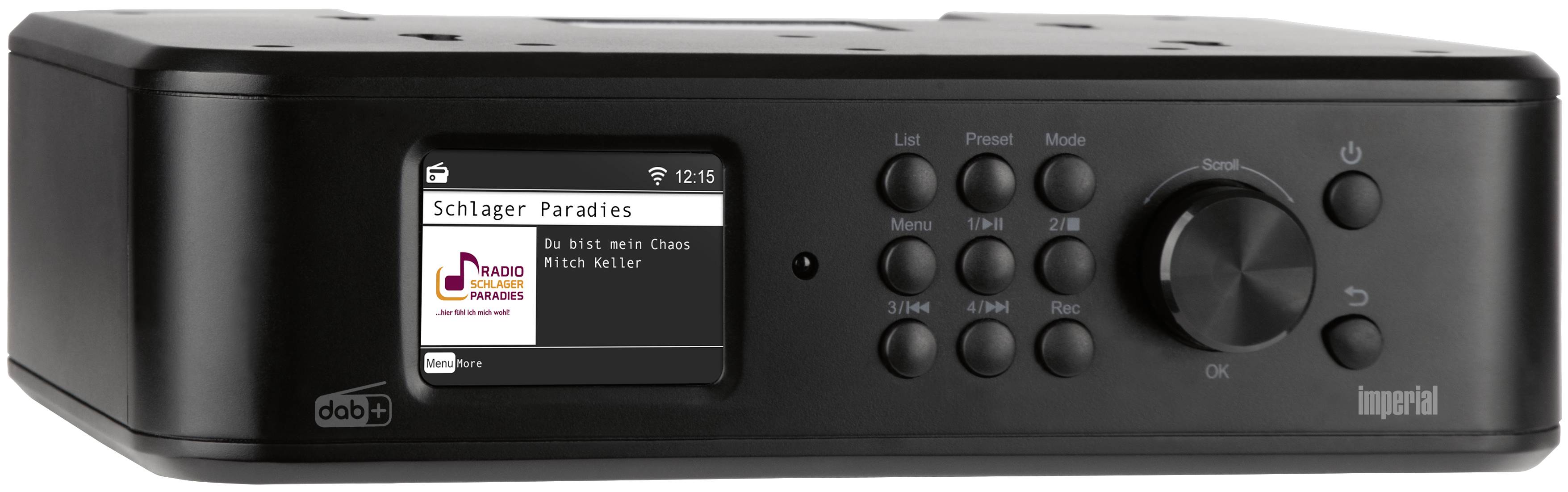 A black digital radio with a display showing 'Schlager Paradise' playing. Beside it are buttons and a volume control.