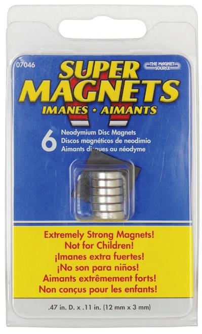 Packaging containing six ultra-powerful neodymium disc magnets. Warning notices for children printed in multiple languages.