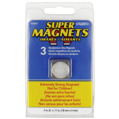'Super Magnets' Packaging with a Neodymium disc magnet, suitable for adults, not for children. Warning notices on the front.