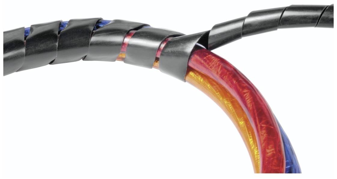 Two cables, securely wrapped with a black spiral cable protection; one contains red and blue wires, the other is black-coated.