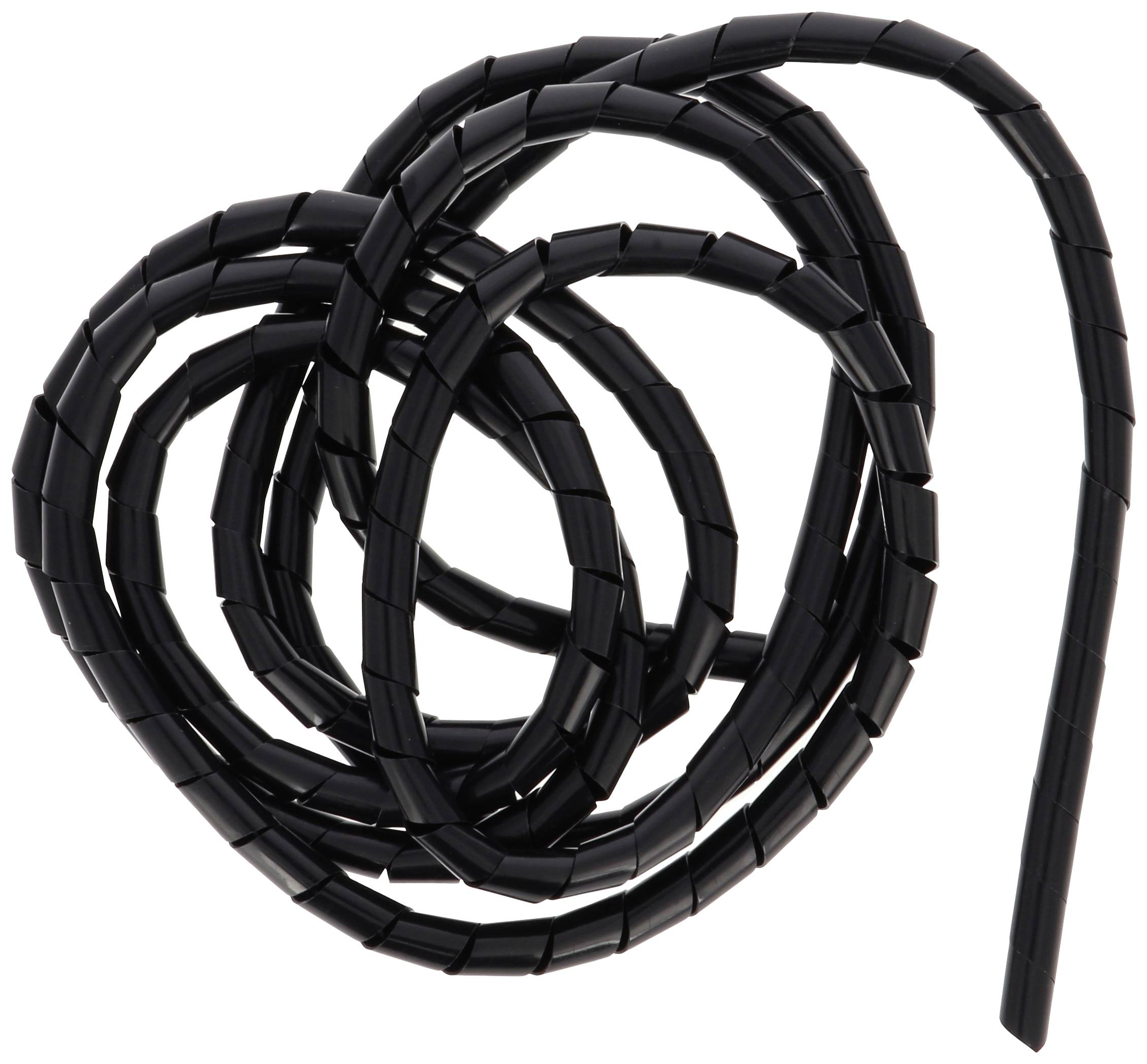 Black spiral cable wrap, multiple wound, serves to bundle and protect cables.