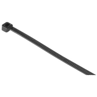 A black plastic cable tie, suitable for bundling and securing cables.
