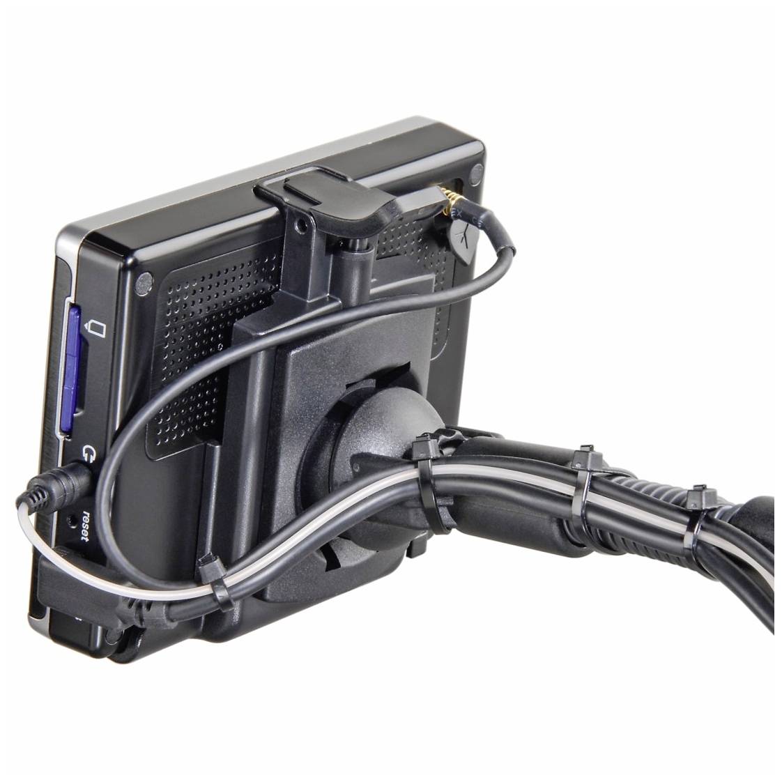 A satellite navigation device with a mount, viewed from behind. Cables are attached to the mount and lead away from the left side.