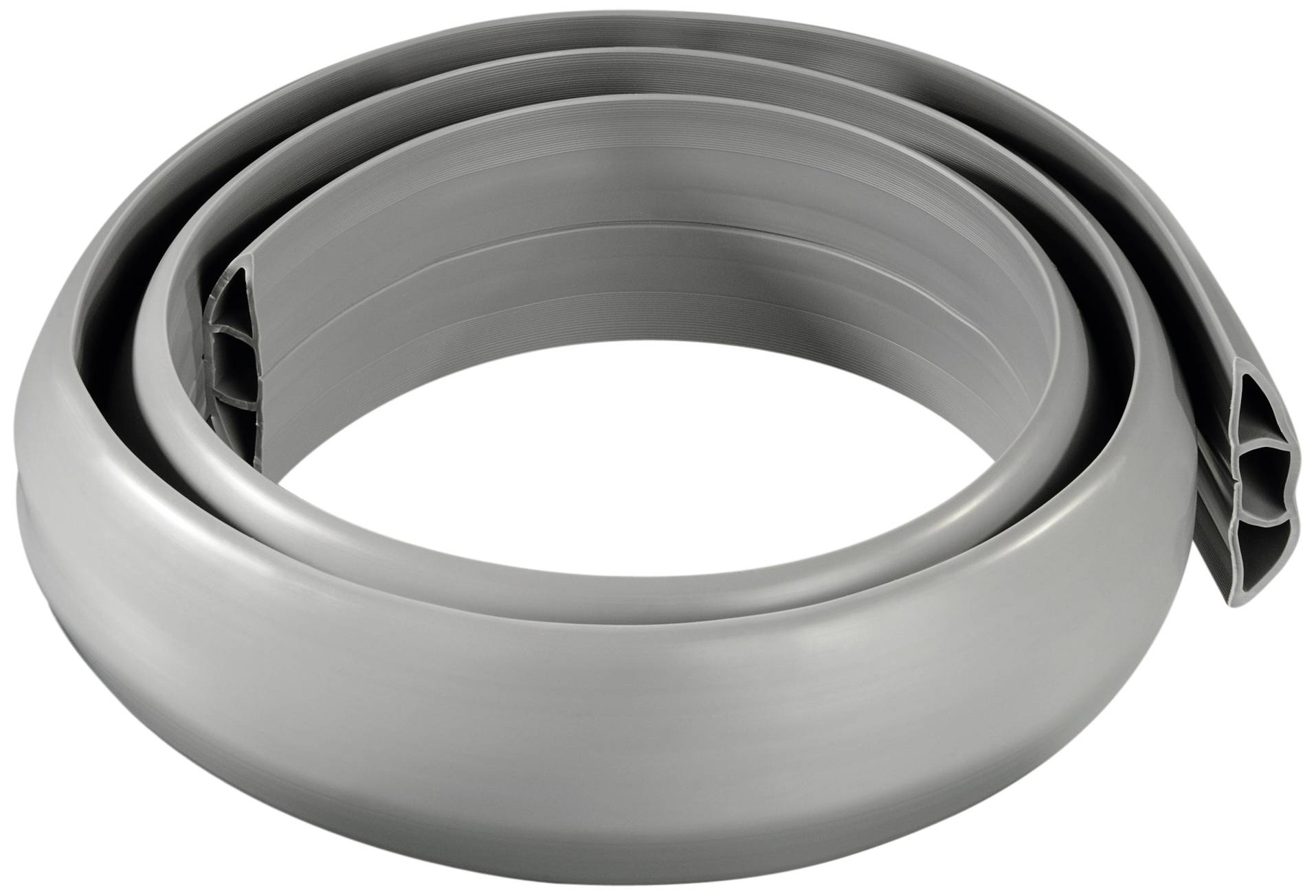 A coiled, grey rubber seal strip, used for doors or windows, is lying loosely on a surface.